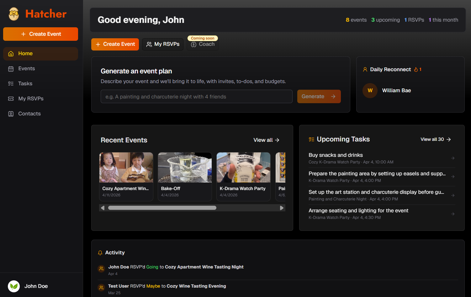 Hatcher event dashboard — RSVPs, tasks, and more